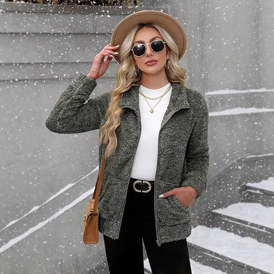 Damen nan kuschelige Teddy-Fleecejacke mit durchgehendem Reißverschluss, Stehkragen und seitlichen Eingrifftaschen EB
