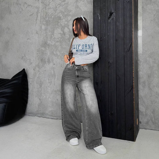 Damen Weite Jeans mit tiefem Schritt und angesagtem Used-Look EB