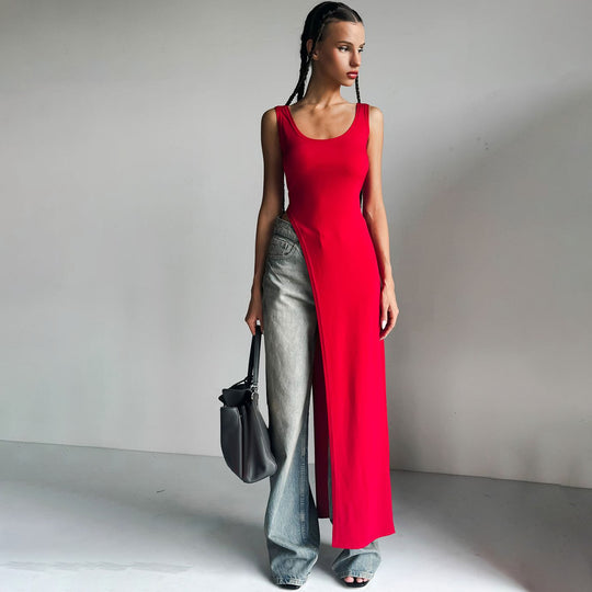Damen Langarm Maxikleid mit hohem Schlitz EB