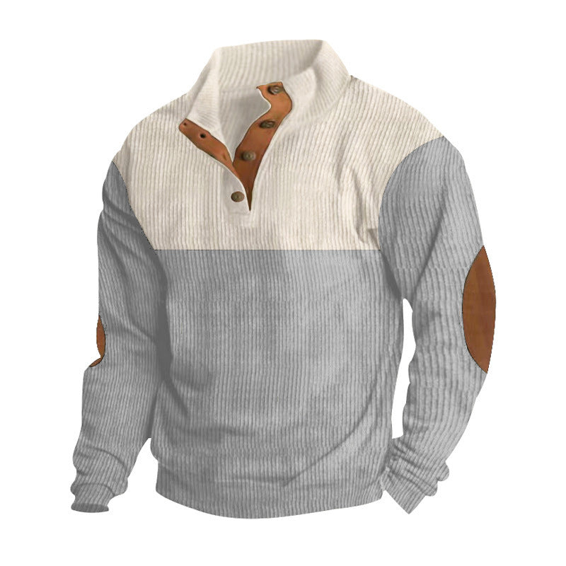 Herren nan strukturiertes Rugby-Pullover mit Stehkragen, Knopfleiste und Leder-Ellenbogenpatches EB