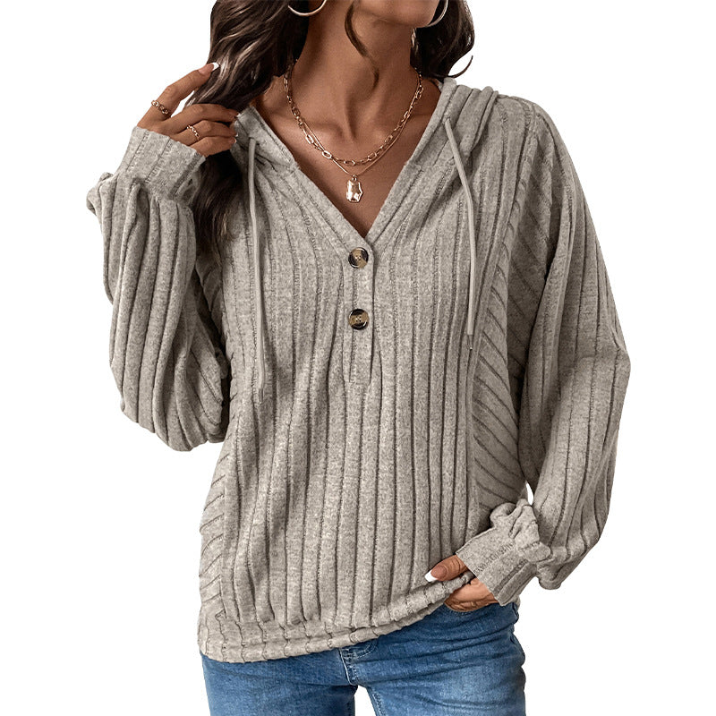 Damen Strickpullover mit Kapuze und Knopfdetail EB