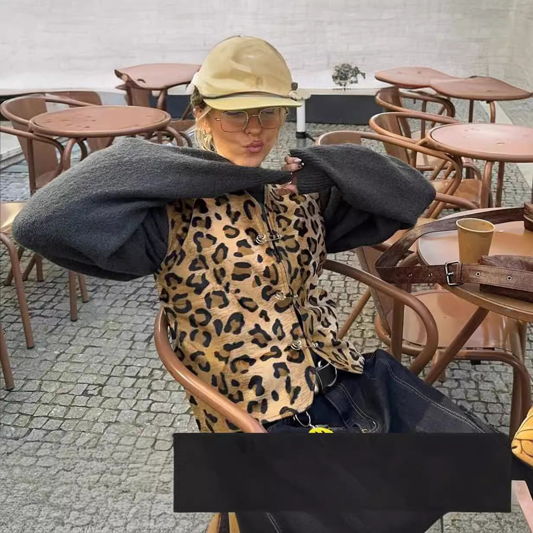 Damen modische Weste im Leopardenmuster mit komfortablen Ärmeln EB
