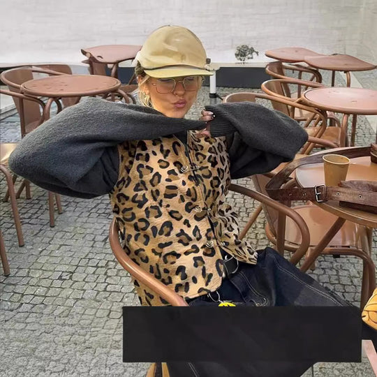 Damen modische Weste im Leopardenmuster mit komfortablen Ärmeln EB