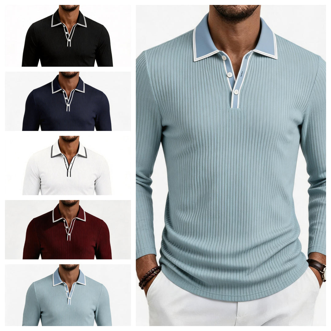 Herren nan fein geripptes Langarm-Poloshirt aus elastischer Merino-Mixqualität mit Kontrastkanten EB