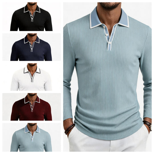 Herren nan fein geripptes Langarm-Poloshirt aus elastischer Merino-Mixqualität mit Kontrastkanten EB