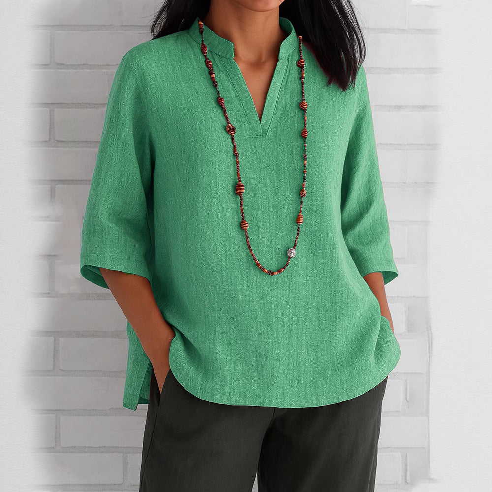 Damen lässige Bluse mit V-Ausschnitt und seitlichen Taschen EB