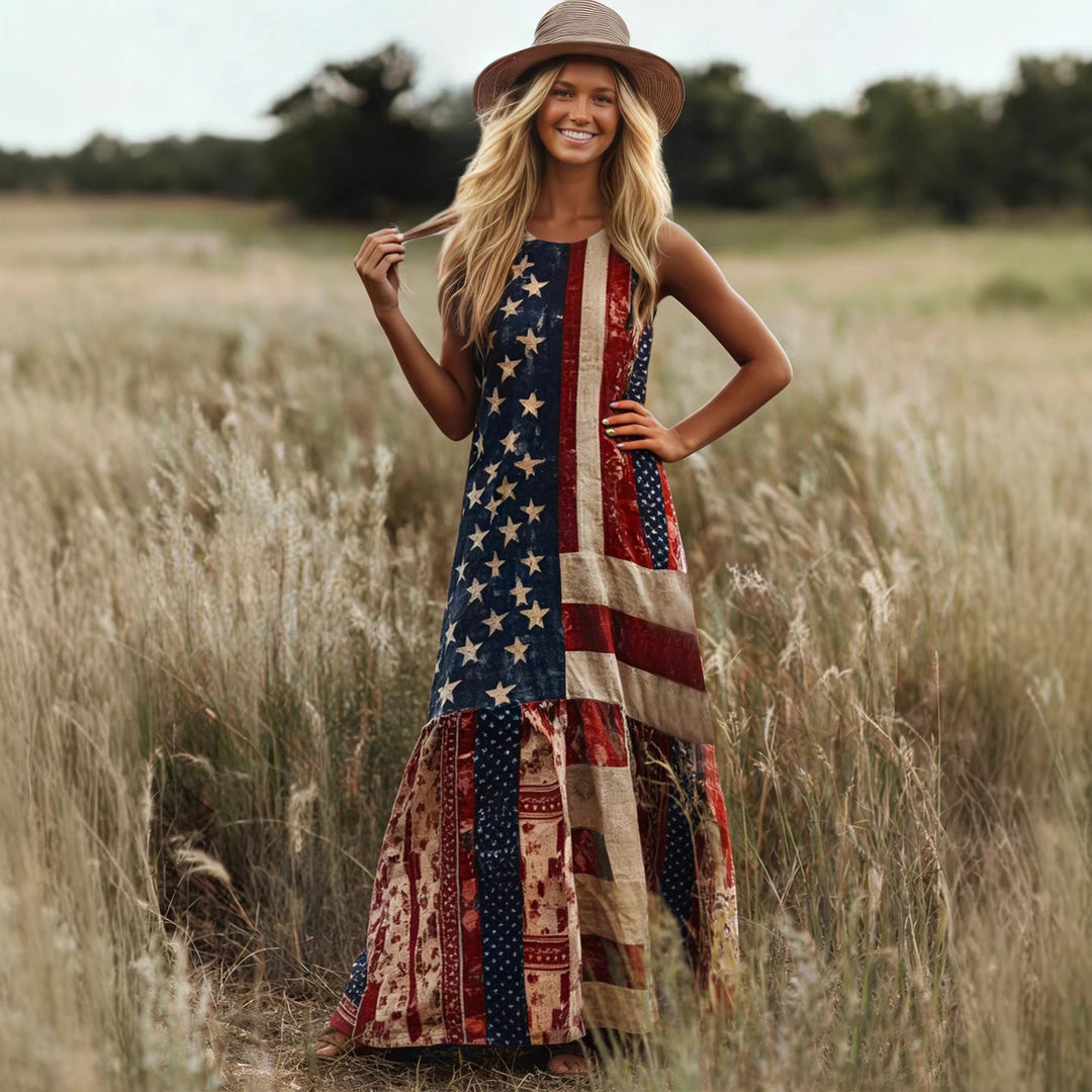Damen Ethno-Inspirierte Maxikleid mit Flaggenmuster und Rüschensaum EB