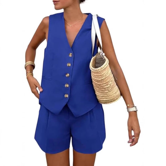 Damen elegantes Jumpsuit-Set mit tailliertem Schnitt und dekorativen Knopfdetails EB