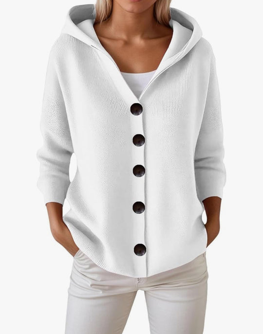 Damen Kapuzen-Strickjacke mit großen Holzknöpfen und seitlichen Eingrifftaschen EB