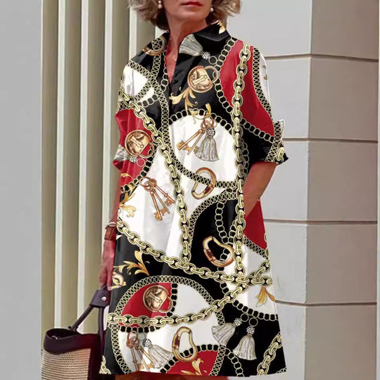 Damen nan A-Linien Hemdblusenkleid mit aufgekrempelten 3/4-Ärmeln und seitlichen Eingrifftaschen EB