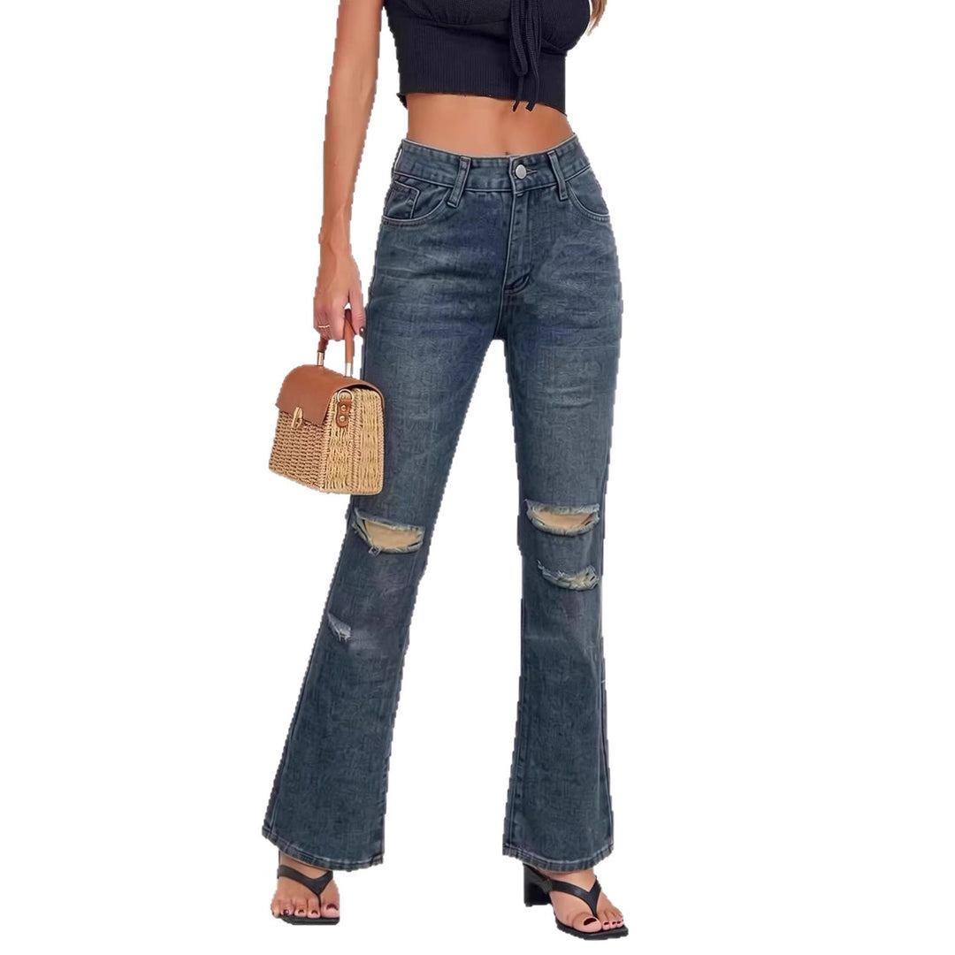 Damen nan High‑Waist Schlagjeans mit Distressed-Kniepartie und strukturierter Denim-Optik EB