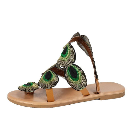 Damen bequeme Zehentrenner-Sandalen mit dekorativer Feder-Applikation EB