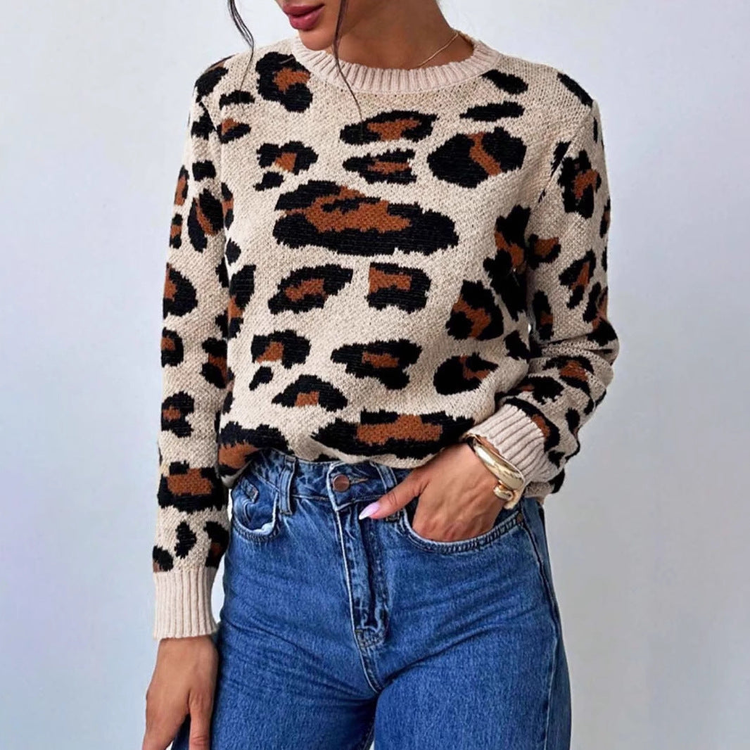 Damen kuscheliger Strickpullover mit Leopardenmuster und überschnittenen Schultern EB
