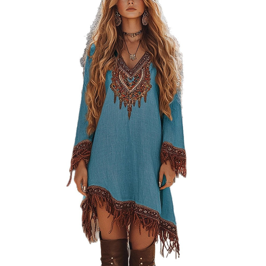 Damen Festival-Kleid mit kunstvollem Stickdesign und Fransen EB
