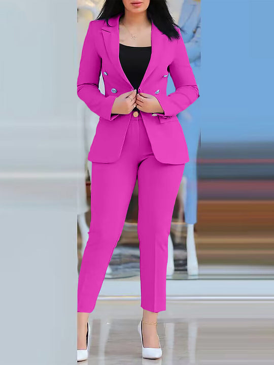 Damen Figurbetonter Zweireiher-Blazer mit schlanker High‑Waist Zigarettenhose EB