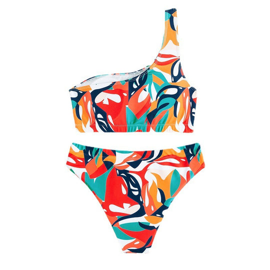 Damen Einseitiger Bikini mit geometrischem Muster und hoch geschnittenem Slip EB