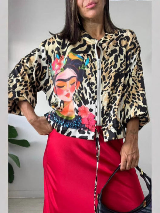 Damen entspannte Bomberjacke mit extravagantem Leoparden-Motiv EB