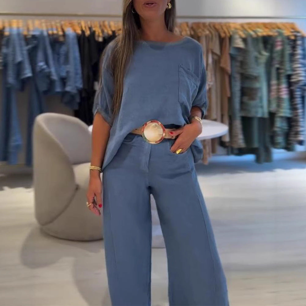 Damen nan Leinenmix-Zweiteiler mit kastigem Oversize-Shirt, Brusttasche und weiter Palazzohose EB
