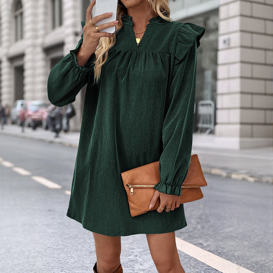 Damen Rüschen-A-Linien Kleid mit geraffter Brust und V-Ausschnitt EB