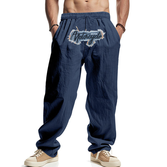 Herren Locker sitzende Leinenoptik-Relaxhose mit elastischem Bund, Kordelzug & Frontprint EB