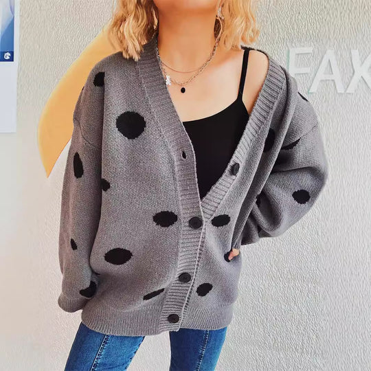 Damen lässige Strickjacke mit modernen Punkten und voluminösen Ärmeln EB