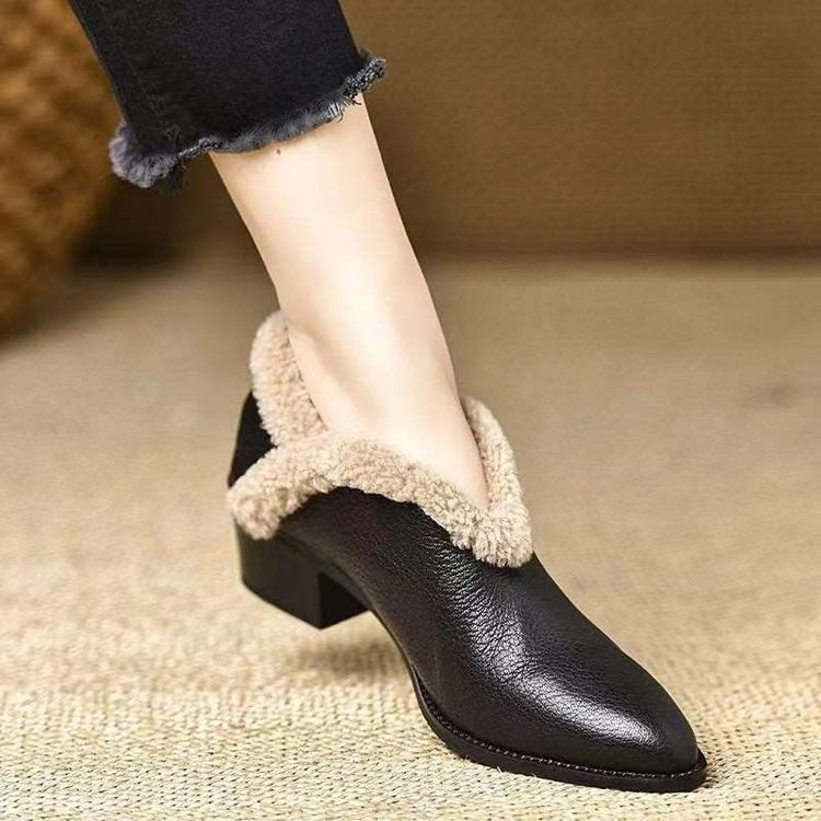 Damen Elegante Stiefeletten mit flauschigem Kragen und komfortablem Blockabsatz EB