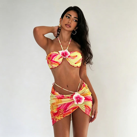 Damen Bandeau-Bikini mit floralem Wickelrock EB