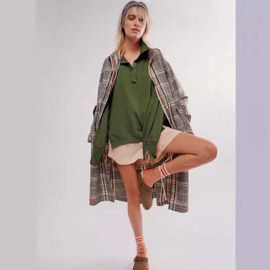 Damen Oversize Pullover mit Kragen und Druckknöpfen EB