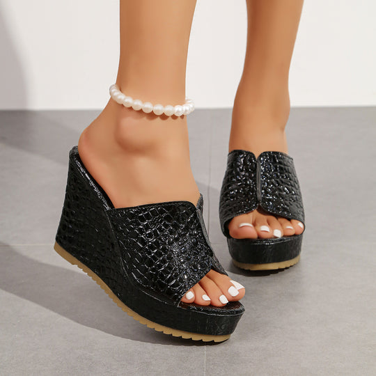 Damen Wedge-Pantoletten mit glänzender Krokodilleder-Optik EB