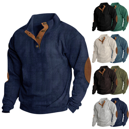 Herren Gerippter Henley-Pullover mit Stehkragen, Knopfleiste & Leder-Ellbogenpatches EB
