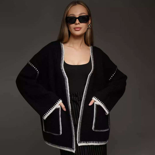 Damen Komfortabler Strick-Cardigan mit praktischen Taschen und Taillengürtel EB