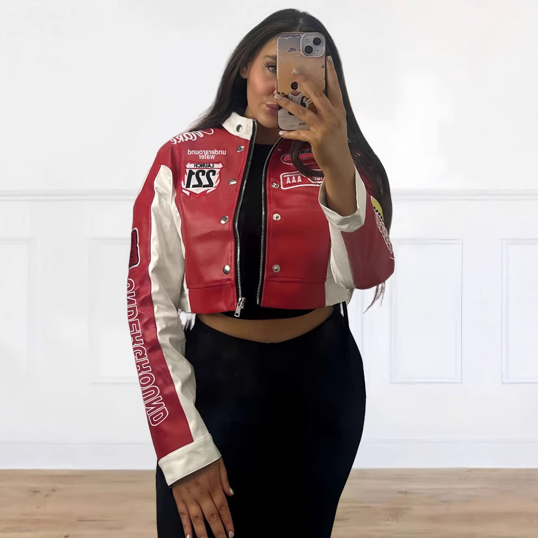 Damen trendige cropped Bikerjacke mit sportlichen Patches EB