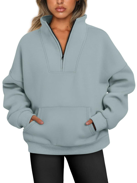 Damen nan oversized Halbzip-Hoodie mit hohem Stehkragen, Kängurutasche und gerippten Bündchen EB