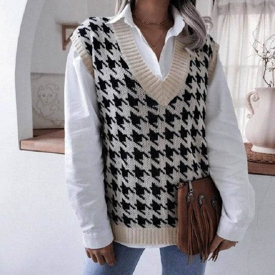 Damen Strickweste mit modernem Hahnentrittmuster EB