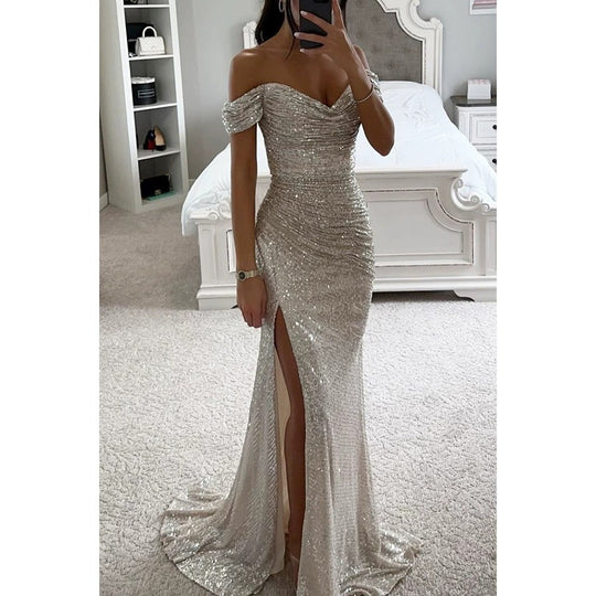 Damen Glitzerndes Off-Shoulder Abendkleid mit seitlichem Schlitz EB