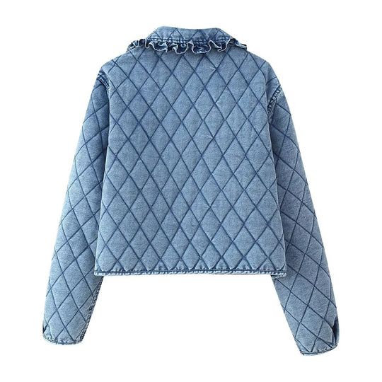 Damen gesteppte Denim-Jacke mit fransigem Kragen EB