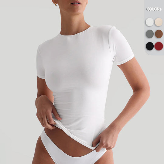 Damen figurbetontes T-Shirt mit Rundhalsausschnitt und kurzem Arm EB