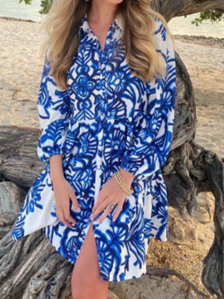 Damen lässiges Hemdkleid mit voluminösen Ärmeln und durchgehendem Knopfverschluss EB