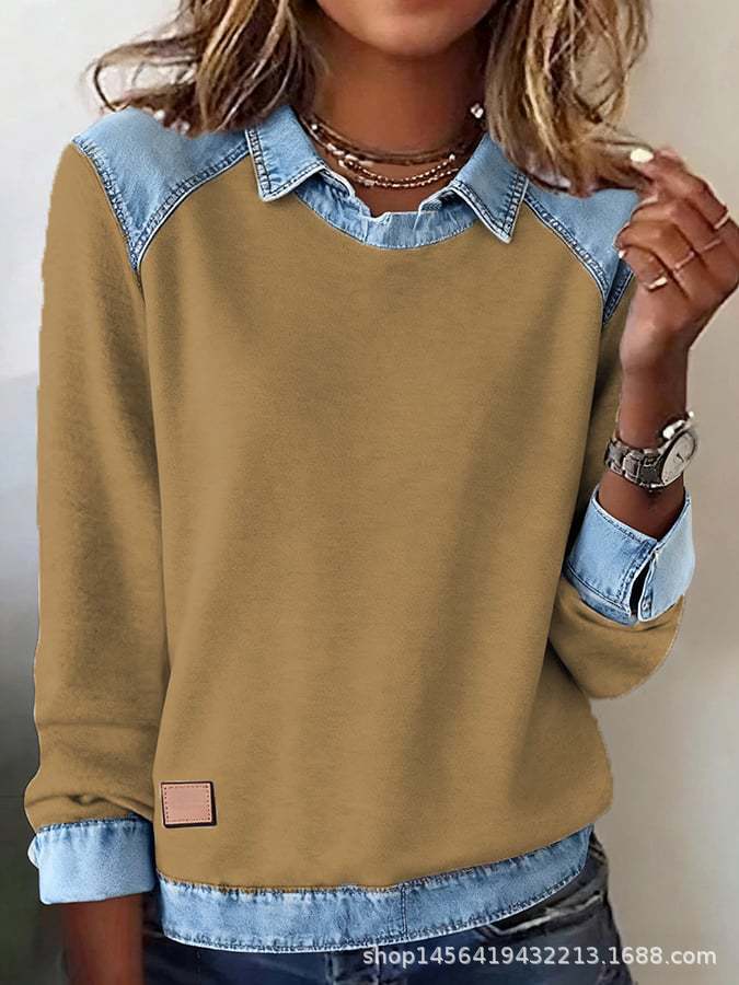 Damen nan gerippter Strickpullover mit Jeanskragen und Knopfleiste EB