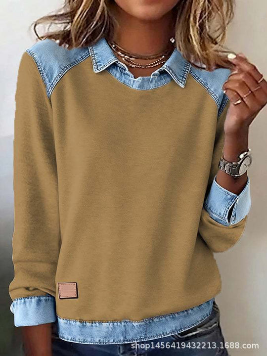 Damen nan gerippter Strickpullover mit Jeanskragen und Knopfleiste EB