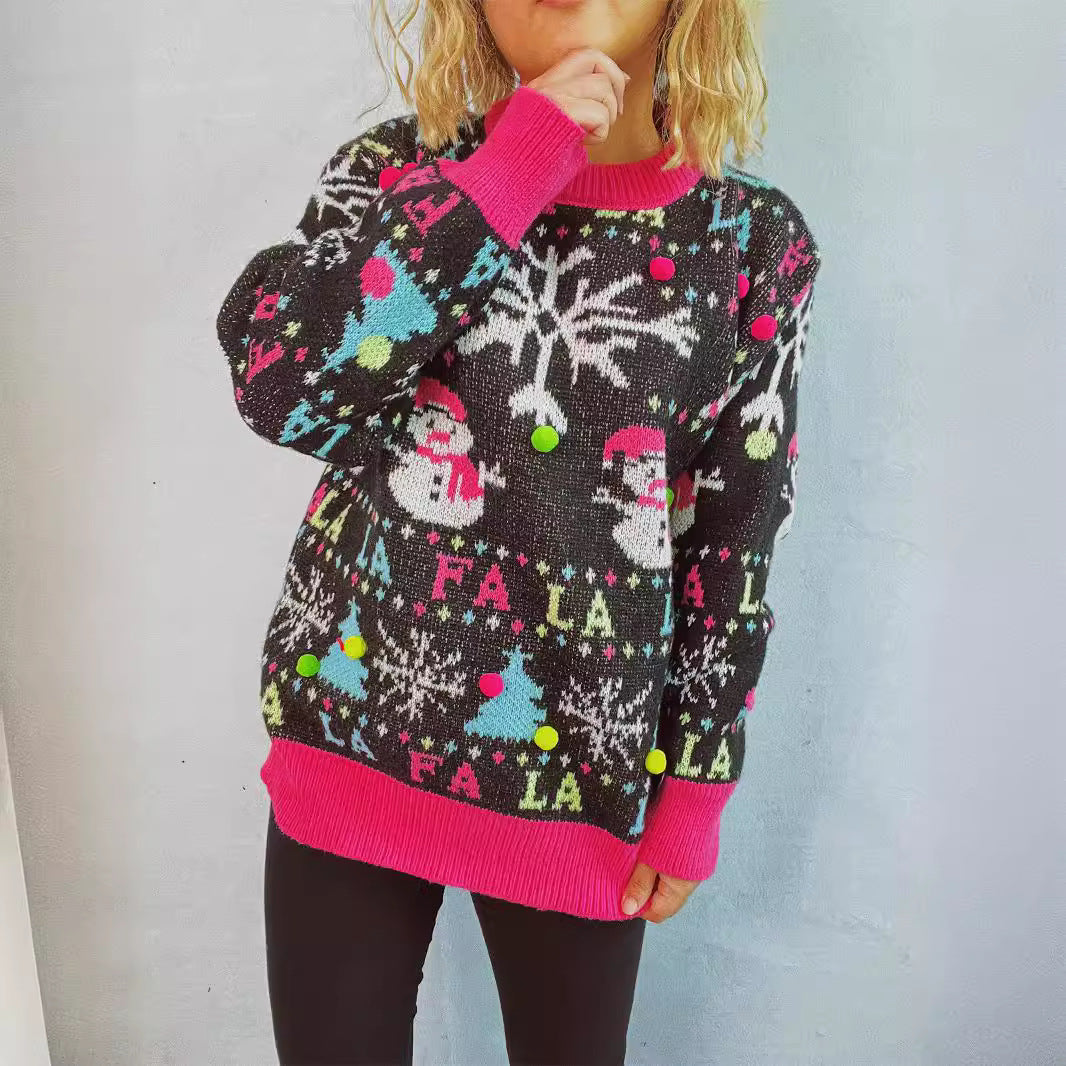 Damen festlicher Pullover mit bunten 3D-Applikationen und motivischem Design EB