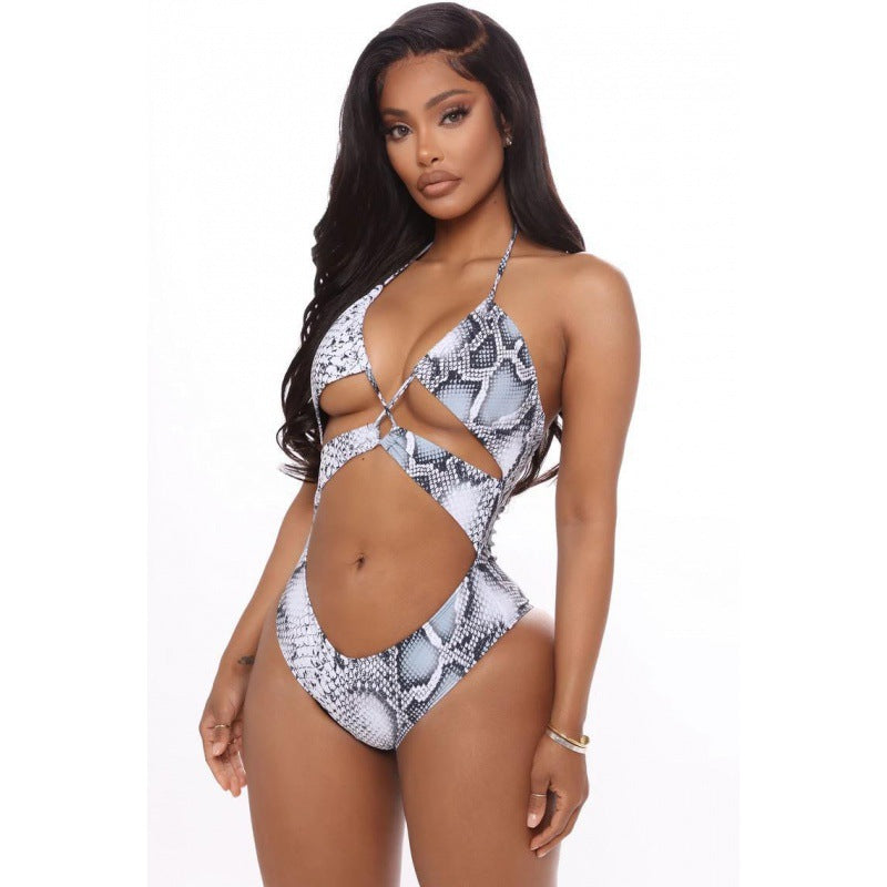 Damen Einteiler Badeanzug mit aufregendem Schlangenprint und modischen Cut-Outs EB