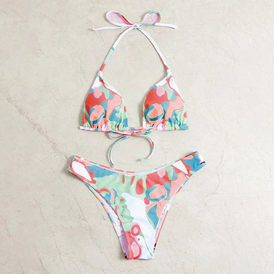 Damen Triangel-Bikini mit verspieltem Muster und verstellbaren Trägern EB