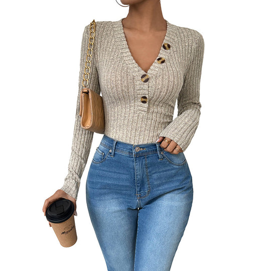 Damen Langarm-Bodys mit Knopfverschluss und Rippstruktur EB