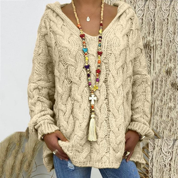 Damen nan oversized Kapuzenpullover mit Zopfmuster, tiefem V-Ausschnitt und seitlichen Schlitzen EB