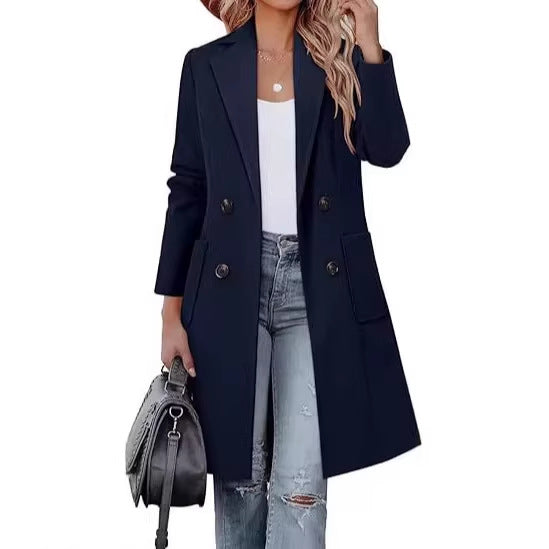 Damen Doppelreihiger Longblazer-Mantel mit aufgesetzten Taschen und taillierter Silhouette EB