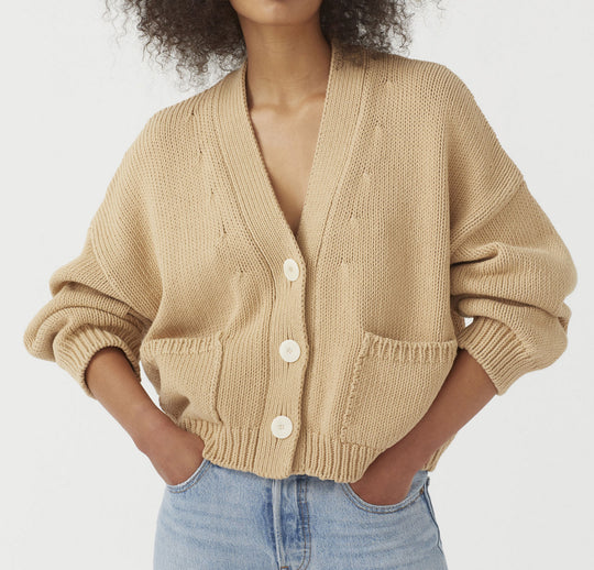 Damen lässiger Strickcardigan mit großen Taschen und Knopfverschluss EB