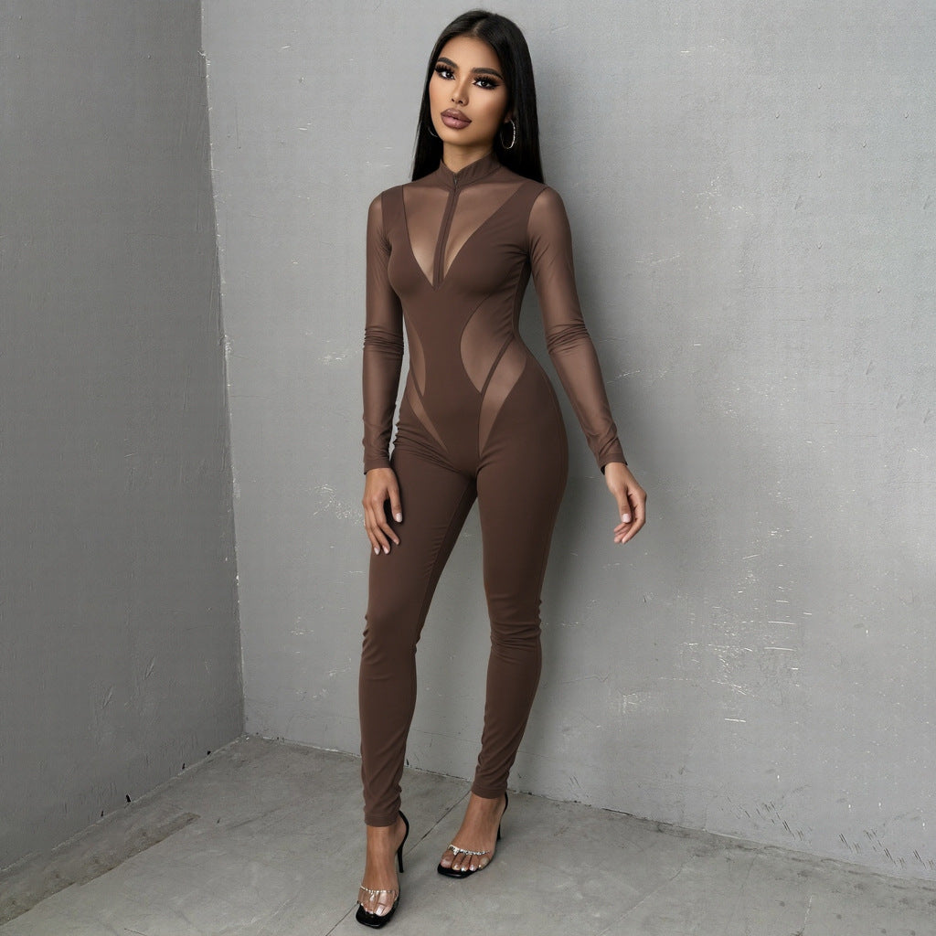 Damen Eleganter Catsuit mit transparenten Einsätzen und hohem Kragen EB