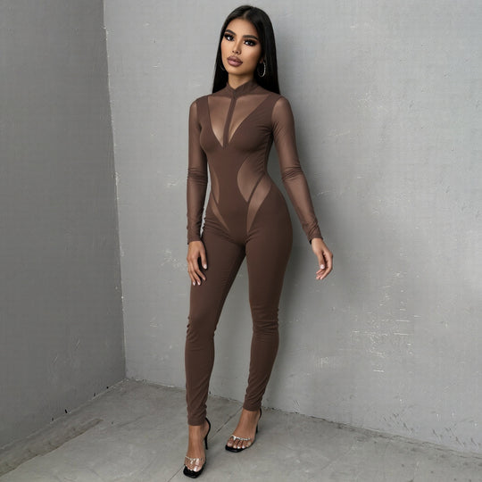 Damen Eleganter Catsuit mit transparenten Einsätzen und hohem Kragen EB