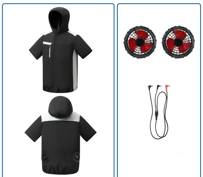 Unisex nan belüftete Kurzarm-Kapuzenjacke mit integrierten Rücklüftern, USB-Anschluss und elastischem Saum R&B